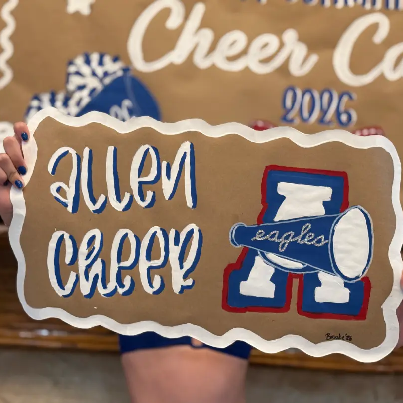brown paper banner that says allen cheer